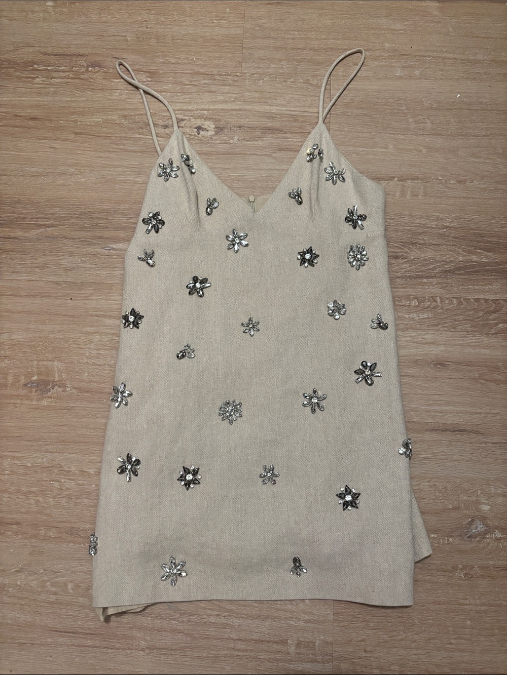 Zara linen Embellished Cream Slip Dress with Sparkle Details